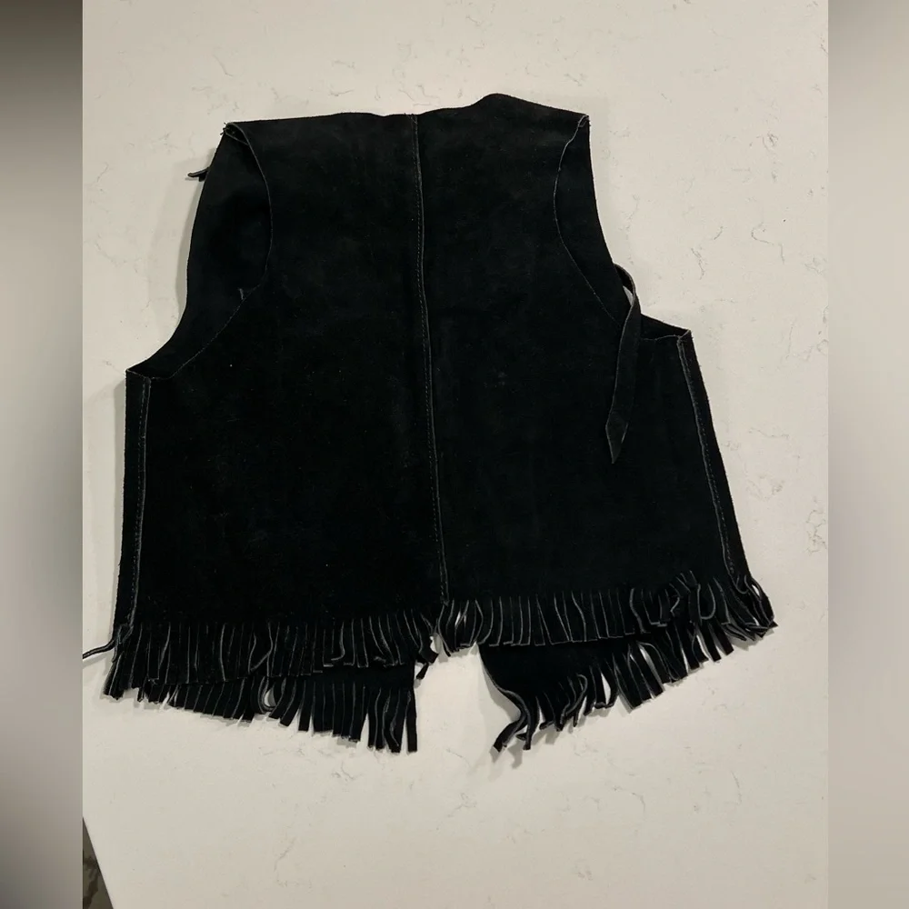 JOHN R. CRAIGHEAD boys leather Black Fringe Vest with Star Pockets size  L